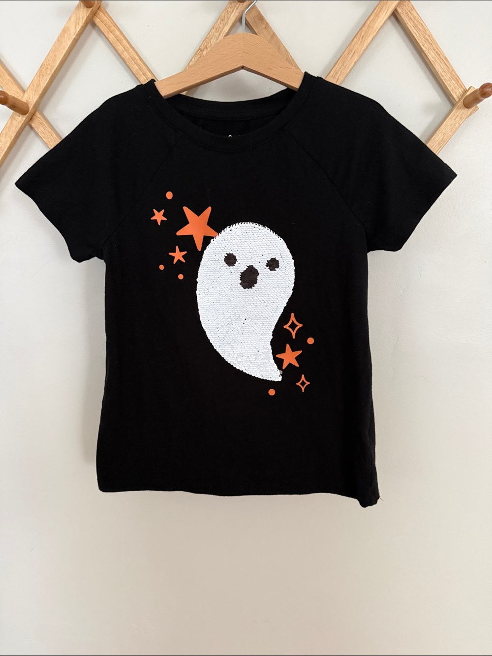 Cat & Jack Girls 7/8 Halloween Ghost Flip Sequin Black T Shirt